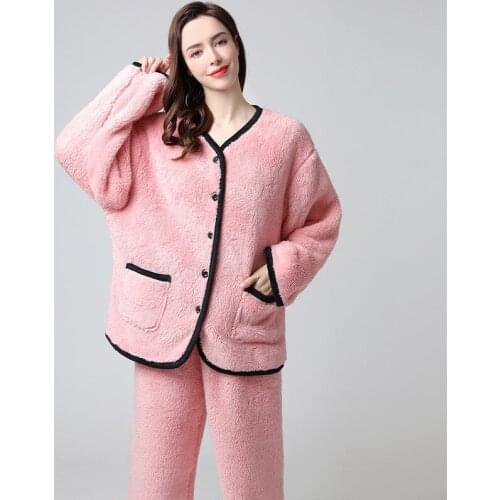 Womens Pajamas Sets Autumn Winter Thick Soft Sleepwear V-Neck Large Female Loose Nightwear Home Oversize Cute Casual Button