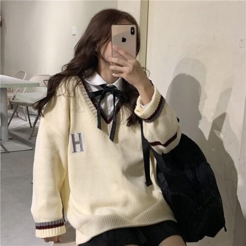 Sweater Women Letter Striped V-neck Knitted Embroidery Kawaii Winter Autumn Korean Pullovers Loose Preppy Oversized White W001