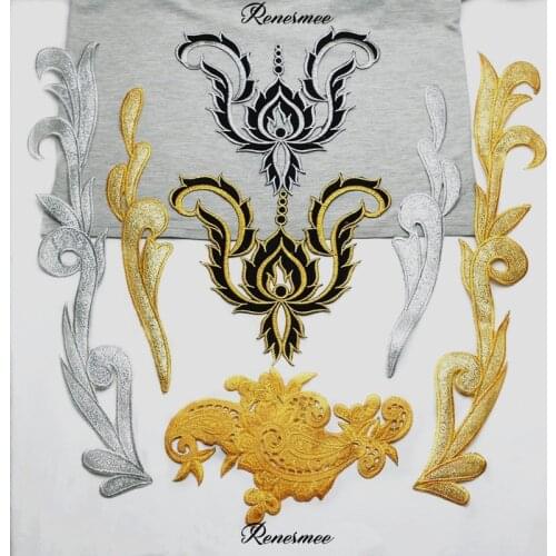 1Mirror Pair Iron on Gold Silver Hot Sale Embroidery Cloth Lace Applique Cloth Collar Patch Applique DIY Decoration RT0120