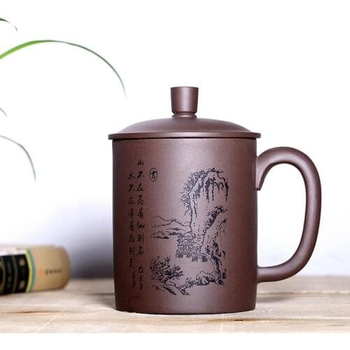 400ml Traditional Chinese Yixing Tea Cup Ceramic Purple Clay Kung Fu Teacup Coffee Milk Water Mug with Lid Handgrip Health Care