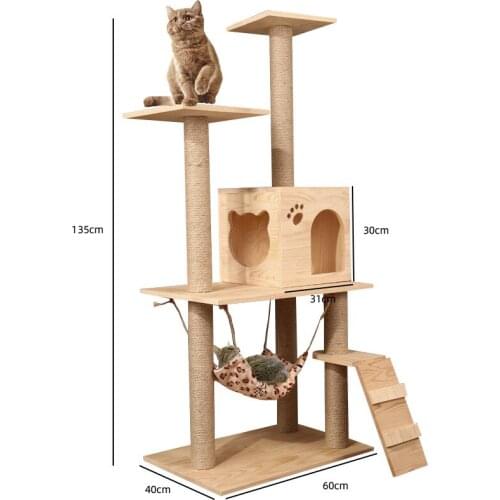 H135cm Pet Cat Tree Toy Condo Cat Climbing Tower Multi-layer With Hammock Cat House Furniture Scratching Solid Wood Post for Cat