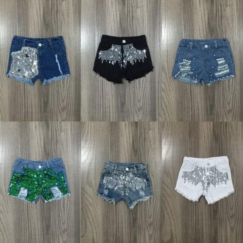 Girlymax Summer Baby Girls Kidswear Outfits Children Cotton Clothes Sequins Pearl Tight Sequins Jeans Shorts Elastic All-match