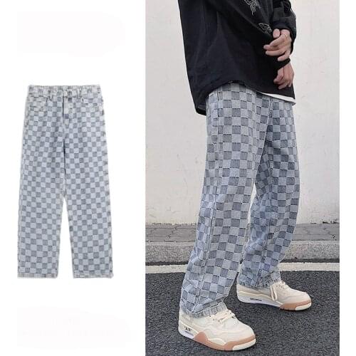 ERENEJIAN Fashion Mens Plaid Jeans Pants Brand Designer Baggy Hip Hop Denim Trousers Loose Fit Skateboard Jeans New Arrival