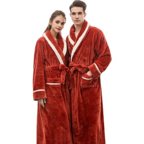Couple Flannel Sleeping Gown with Waist Belt, Men Women Long Sleeve Thick Bath Robe with Pocket for Winter