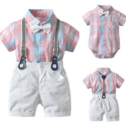 2pcs Toddler Kids Baby Boy Gentleman Outfit Clothes Pink T-shirt Top+Shorts Set Plaid Romper Pants Formal Outfits Costumes