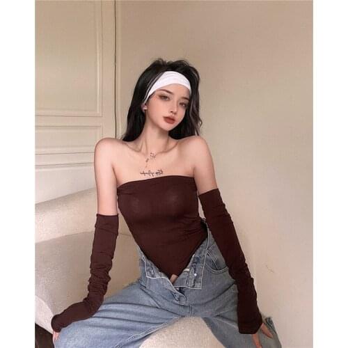 Summer Top Y2k Cyber Trendy Tube Tops Black Strapless Women Tops And Bloues 2021 90s Clothes Vintage Asymmetrical Sexy Crop Top