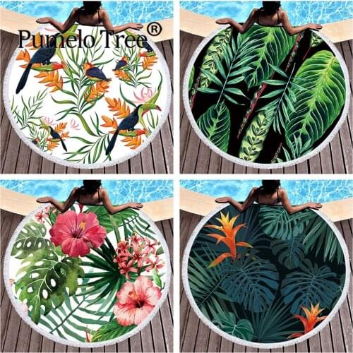 Fashion Leaf Beach Towel with Tassels Plant Jungle Microfiber Round 150Cm Picnic Yoga Blanket Beach Cover Giant Towels Bed Towel
