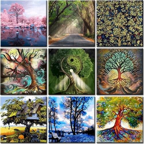 Tree Oil Painting By Numbers For Adult With Frame DIY Abstract Green Landscape Acrylic Paint Art Coloring Decoration Picture Kit