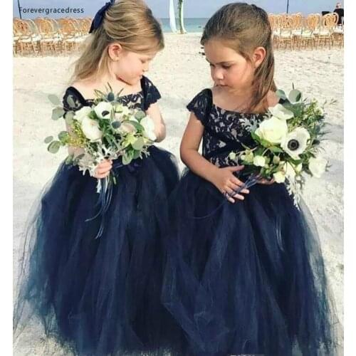2019 Princess Cheap Lovely Cute Navy Blue Long Lace Flower Girl Dresses Daughter Toddler Pretty Kids Pageant First Holy Gowns