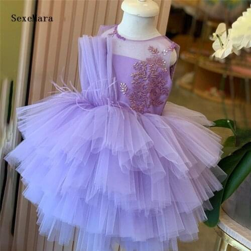 Custom High Quality Baptism Peacock Ruffle Layers Baby Girl Dresses Puffy First Birthday Dress Knot Girl Party Dress New Year