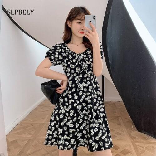 SLPBELY Retro Daisy Dress For Women Summer Sexy Floral Square Collar Puff Sleeved Dress Female Elegant A-Line Dress Vestido 3XL