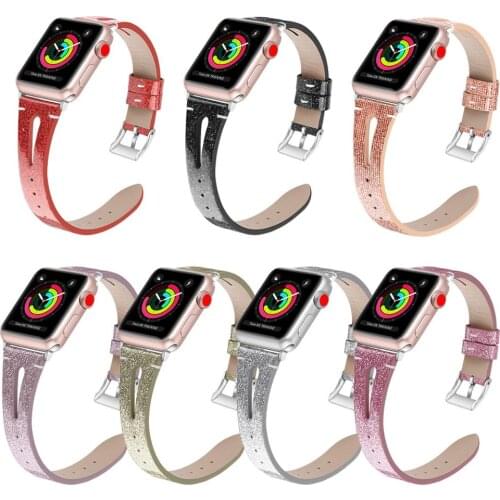 Cow Leather Strap for Apple Watch Band Series 5 4 3 2 1 Shiny Glitter Bracelet for iWatch 40/44/38/42mm Bling Wrist Belt