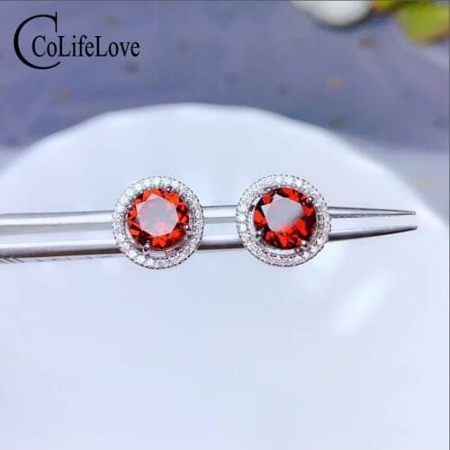 CoLife Jewelry 925 Silver Gemstone Stud Earrings for Office Woman 7mm Natural Garnet Earrings Silver Garnet Stud Earrings