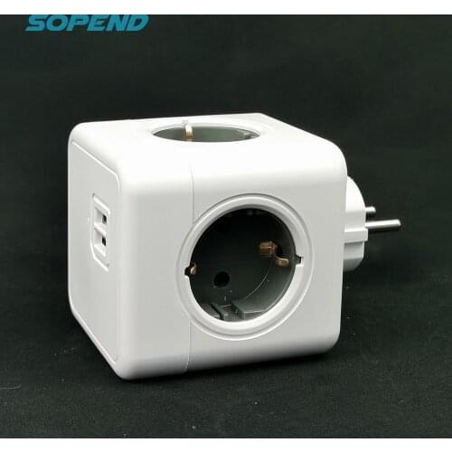 Sopend European Plug 2 USB Power Strip Smart Powercube Thief Tee Socket Travel Adapter 4 Outlets Multiple Terminal 3680W Charger