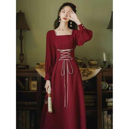 Spring Womens French Chic Design Sense Retro Square Neck Strap Waist Dress Was Thin Temperament Mid-Length Dress