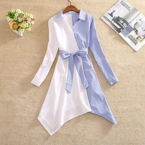 Spring Striped Spliced Dress Women Fashion Long Sleeve Lace Up Mid Long Dresses Casual Loose Asymmetric Patchwork Vestidos G1201