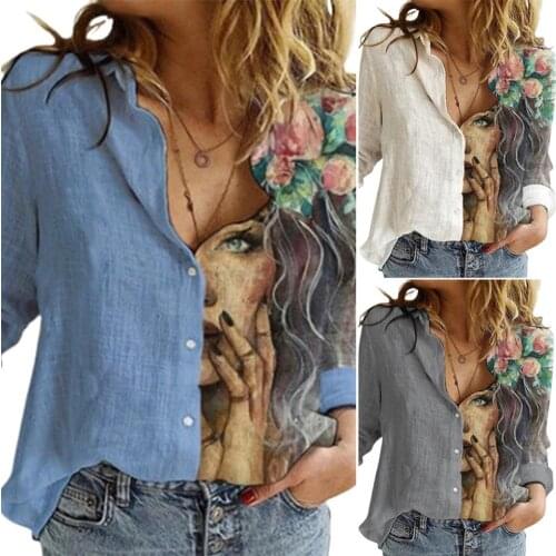 Single Breasted Women Shirt Turn-down Collar Skin-friendly Long Sleeve Elegant Print Loose Blouse Ladies Clothing