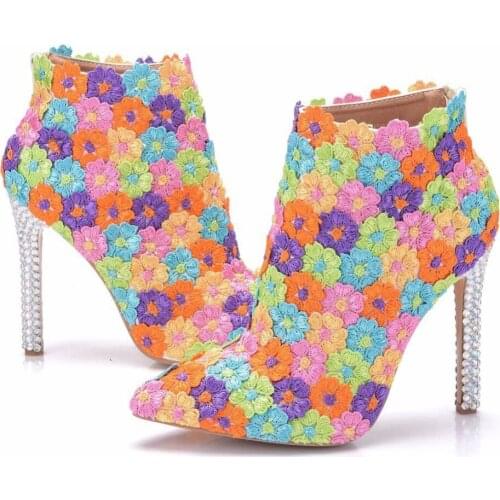 2019 High Quality Wedding Shoes Women Ankle Boots Winter Supper High Thin Heels 11CM Zipper Flower Pearl Pointed Toe Ladies Boot