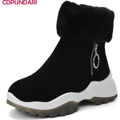 Black Genuine Leather Flat Platform Wool Snow Boots Women Winter Ankle Chunky Short Boots Shoes Botas De Invierno Para Mujer