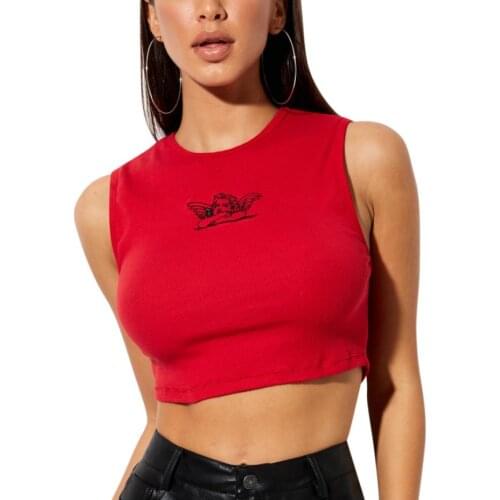Womens Stretch Tank Tops Cute Angel Embroidery Argyle Print Sleeveless Crew Neck Slim Fit Crop Tops