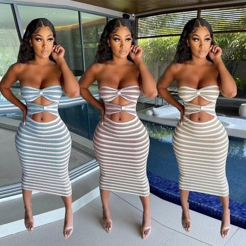 Elegant Off The Shoulder Cut Out Long Women Summer Dress Sexy Striped Strapless Bow Bodycon Evening Club Party Dress Robes Femme