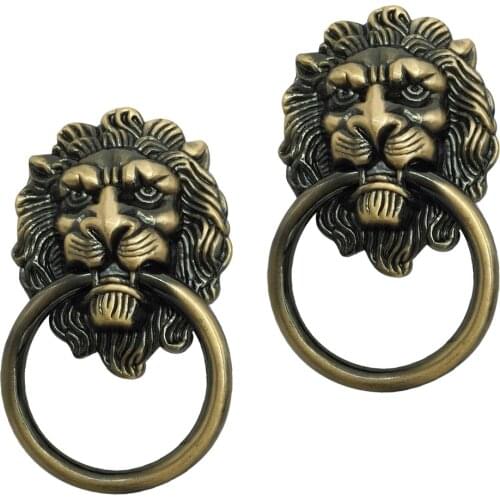 2Pcs Vintage Retro Style Lion Head Antique Door Pull Knobs Handles Cabinet Drawer Cupboard Chest Dresser Ring Pull Replacement