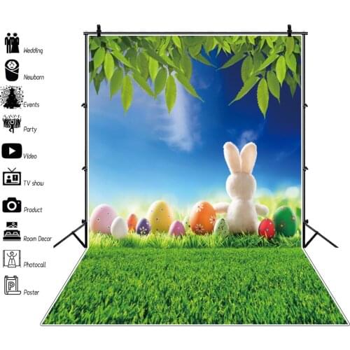 Laeacco Easter Backdrops Blue Sky Rabbit Easter Eggs Grassland Spring Portrait Photography Backgrounds Baby Shower Photocall