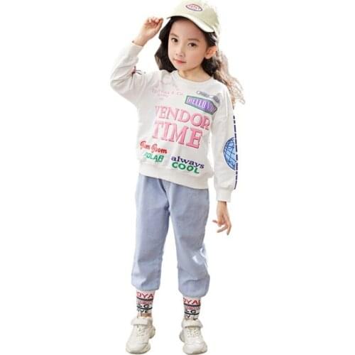Girls fashion T-shirt jeans casual two-piece Girl autumn sweater jeans suit Girls Cotton Print T-Shirt Pants Set