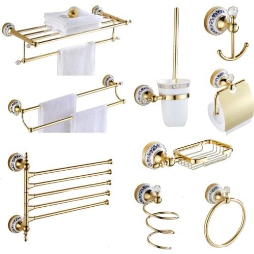 European Style Bathroom Pendant Set Gold-plated Antique Bathroom Hardware Set Wall Mounted Crystal Gold Bathroom Product