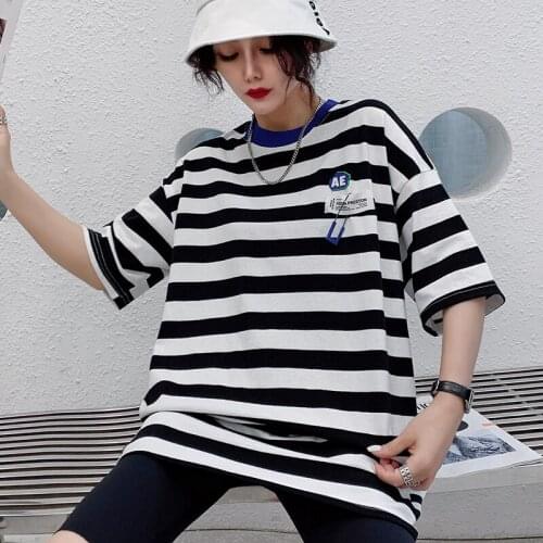 New female t shirt short sleeve summer stripe florescent loose mid-length clothes Harajuku woman t shirt harajuku tshirt women