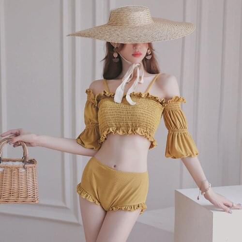 2021 Korean Version Of The New Girl Pure Color Sling Half-Sleeve Pleated Tight Strapless Sexy High Waist Shorts Bikini Swimsuit