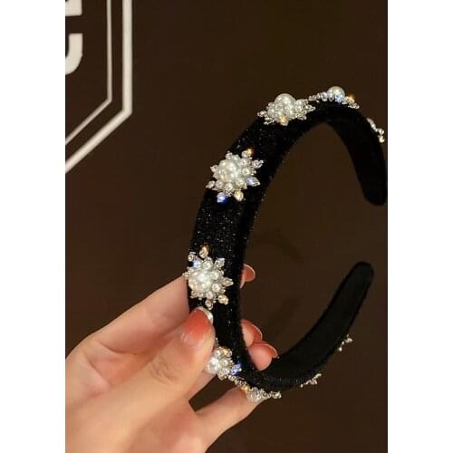 Korean Retro Bling Rhinestone Snowflake Headband for Women Lady Black Velvet Imitation Pearl Wide Brimmed Hair Band Accessories