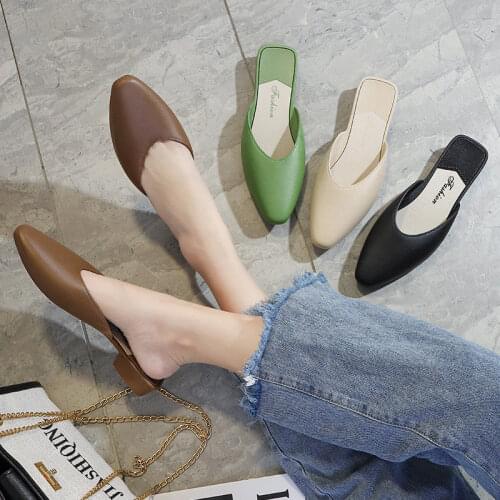 Pure Color Pointed Baotou Half Slippers Womens Summer Wear Flat-bottomed Low-heeled Lazy Sandals and Slippers Summer New Style