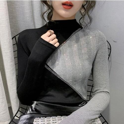 Autumn Half High Collar Long Sleeve Womens T-shirt Contrast Color Diamonds Tee Shirt Femme Fashion Slim Cotton Tops Women 2021