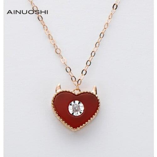 AINUOSHI 18K Rose Gold 0.015ct Natural Diamond Red Agate Heart Little Devil Horn Pendant Necklace For Women Charm Jewelry 18