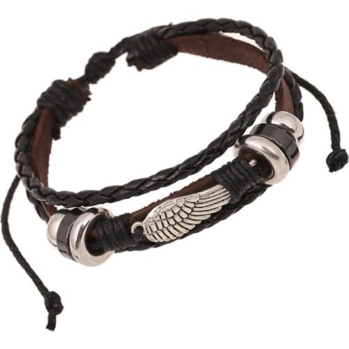 Punk Fashion Wings Multi-layer Leather Bracelet Retro Beads Charm Adjustable Bangle Wrap Wristbands for Women Men Hiphop Jewelry