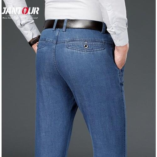 Modal Fabric Straight Jeans Men Loose Stretch middle-aged Work Formal Pants Men’s Cotton Blue Black Classic Trousers