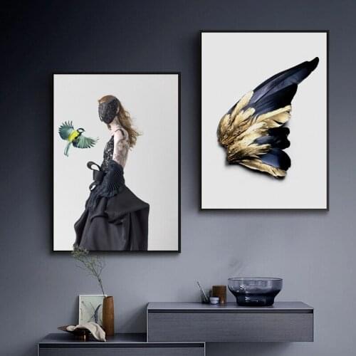 Modern Figure Canvas Painting Gold Black Wings Girl Lips Poster and Prints Wall Art Pictures for Living Room Home Decoration