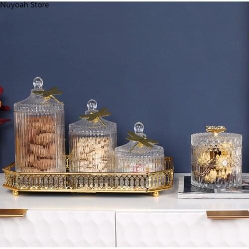 Light Luxury Glass Candy Jar Nordic Storage Jar Jewelry Box Living Room Coffee Table Dried Fruit Box Retro Household Storage Jar