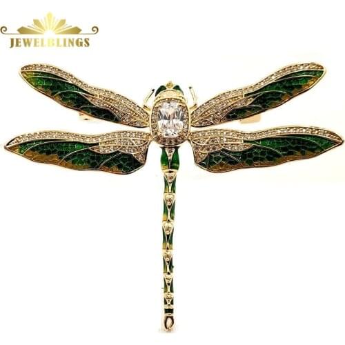 Vintage Green Enameled Oversize Dragonfly Brooches Gold Tone Micro Pave Crystal Winged Big Dragonfly Pins Unisex Insect Jewelry