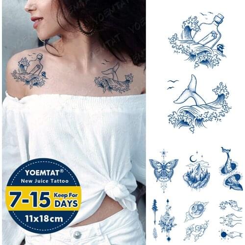 Juice Lasting Ink Tattoos Body Art Waterproof Temporary Tattoo Sticker Drifting Bottle Whale Tatoo Arm Fake Mountain Sky Tatto