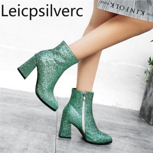 Womens Boots New Autumn And Winter fashion Sequin Pointed zipper High heel Short tube Womens shoes plus size 32-43 9cm high