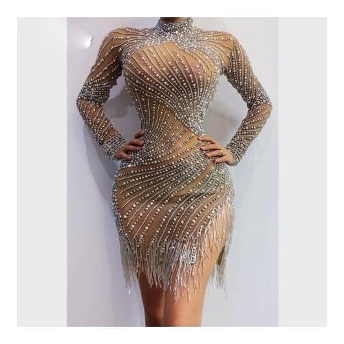 Women party evening Transparent Dress Rhinestones Pearl dress Bar Birthday Celebrate Dresses