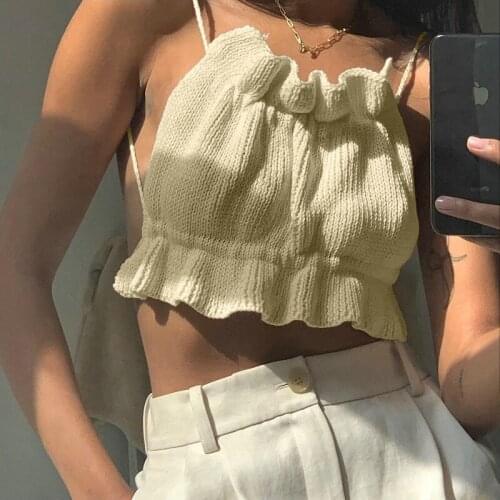 Women Sexy Backless Crop Top Apricot White Black Brown Sleeveless 2021 Summer Fashion Off Shoulder Bandage Knitted Tank Tops