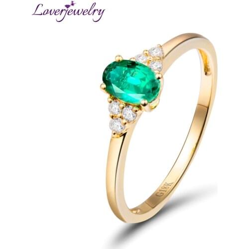 Amazing Solid 18kt Yellow Gold Natural Diamond Oval Emerald Engagement Ring Genuine Gemstone for Women Birthday Fine Jewelry