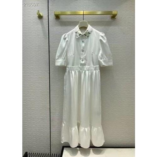 New 2021 Fashion Runway Summer Dress Womens Short Sleeve Floral Embroidery Collar Elegant White Ruffles Midi Dresses