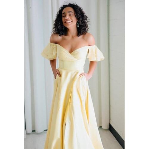 2021 Long Satin Off Shoulder Pocket Prom Dresses Formal Evening Party Ball Gown Robe De Soiree