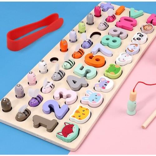 4 IN 1Wooden Toys Math Fishing Count Numbers Matching Digital Montessori Educational Board Early Education kids Toy Gifts