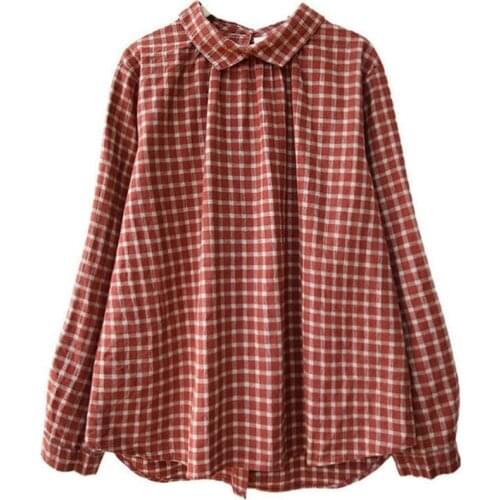 Plaid Cotton Linen Women Blouse Autumn Vintage Loose Oversized 4XL Female Pulls Outwear Coats Tops