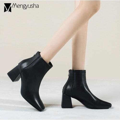 Genuine leather ankel boots women square toe solid color short booties female high heels winter shoes fur plush botas big size42